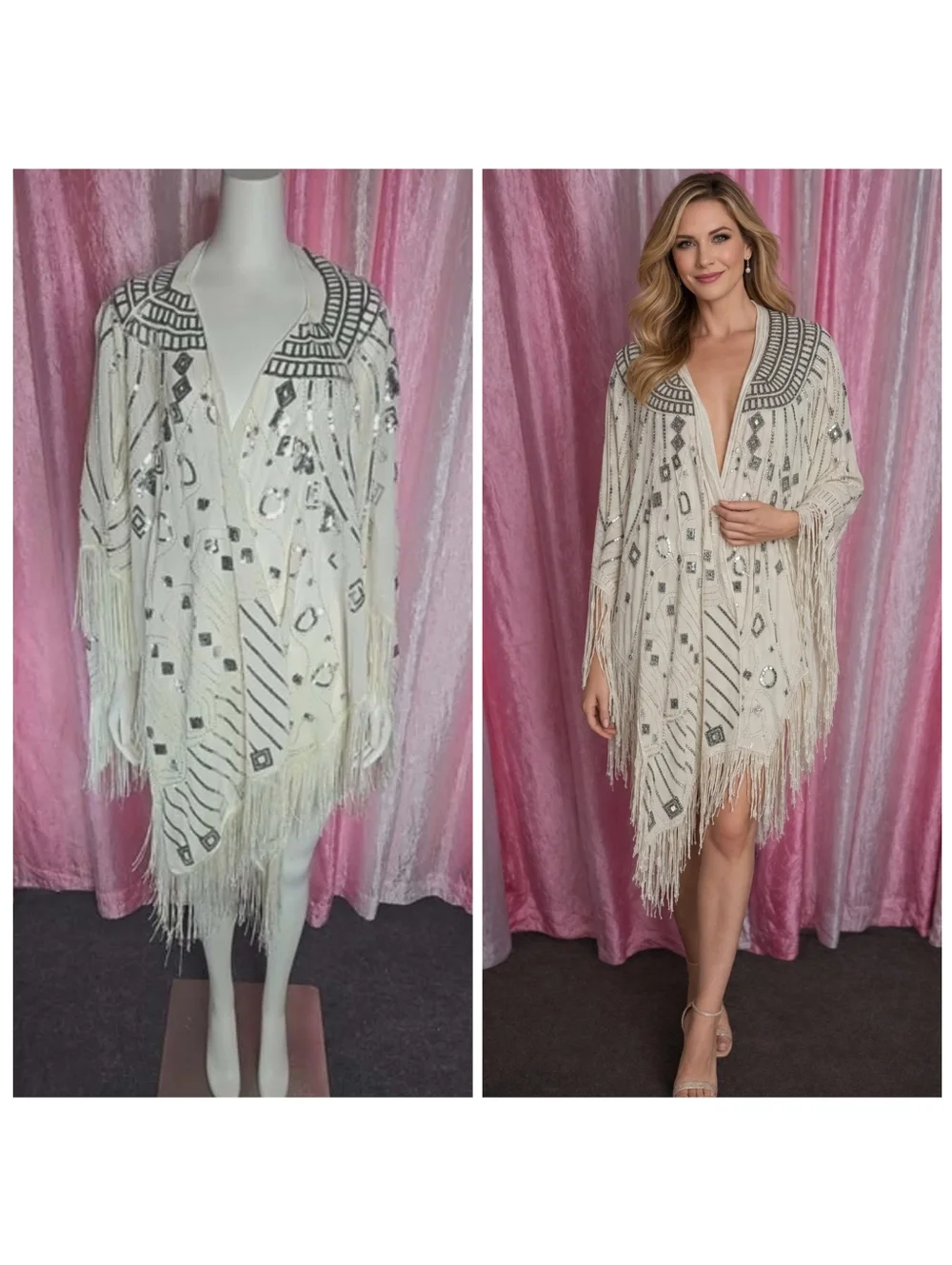 Anna Kaci Exquisite White Sequin Fringe Statement Shawl Wrap One Size